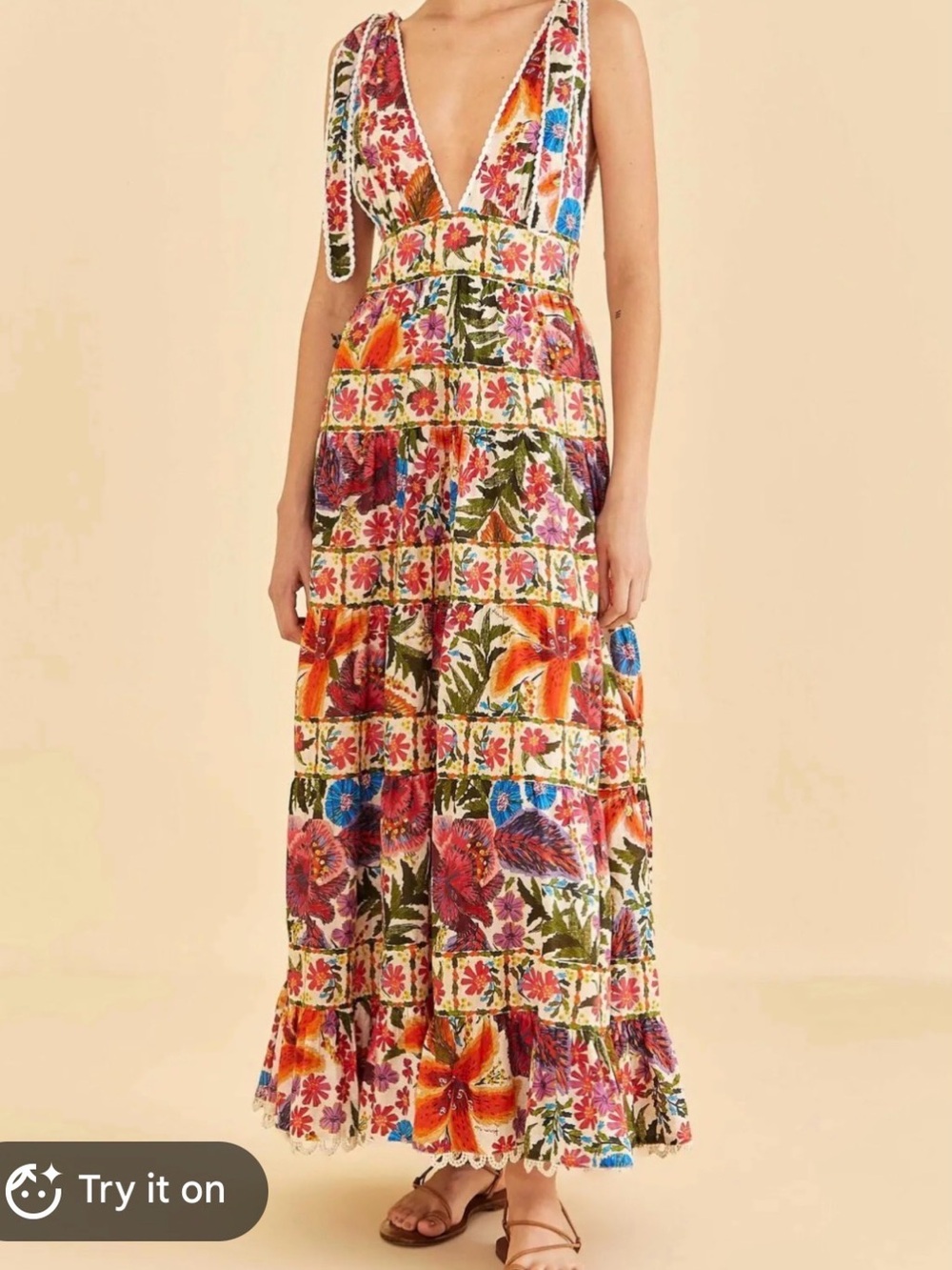 Farm Rio Multi Floral Tiered Maxi Dress with Deep V-Neck